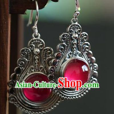 Handmade Chinese Traditional Red Corundum Ear Jewelry Eardrop Accessories Classical Silver Earrings