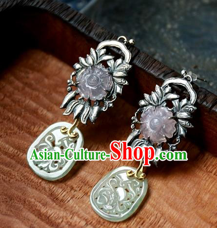 China National Rose Quartz Jewelry Handmade Jade Ear Accessories Traditional Cheongsam Silver Earrings China National Rose Quartz Jewelry Handmade Jade Ear Accessories Traditional Cheongsam Silver Earrings