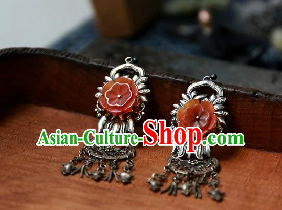 China National Silver Carving Jewelry Handmade Ear Accessories Traditional Cheongsam Red Flower Earrings