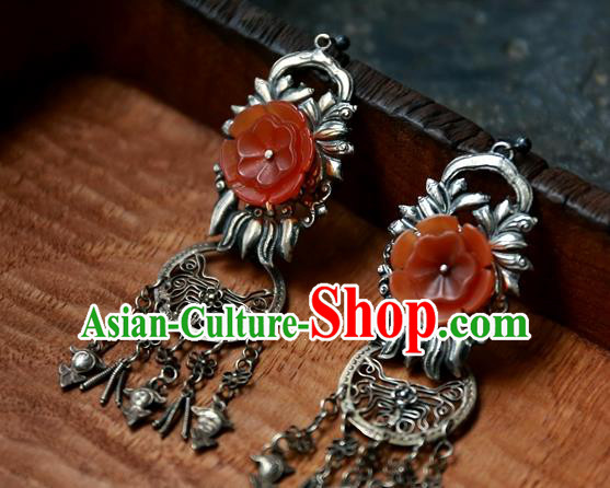 China National Silver Carving Jewelry Handmade Ear Accessories Traditional Cheongsam Red Flower Earrings