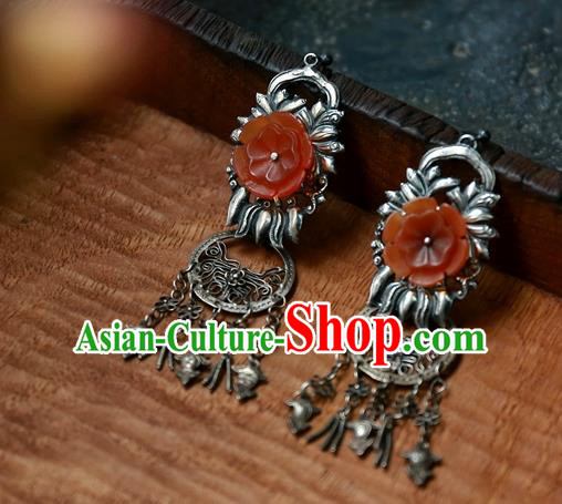 China National Silver Carving Jewelry Handmade Ear Accessories Traditional Cheongsam Red Flower Earrings