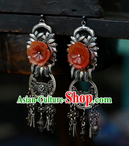 China National Silver Carving Jewelry Handmade Ear Accessories Traditional Cheongsam Red Flower Earrings