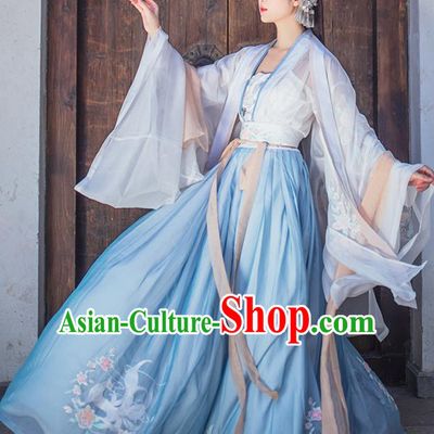 China Ancient Imperial Concubine Blue Embroidered Hanfu Clothing Traditional Tang Dynasty Palace Historical Costumes for Women