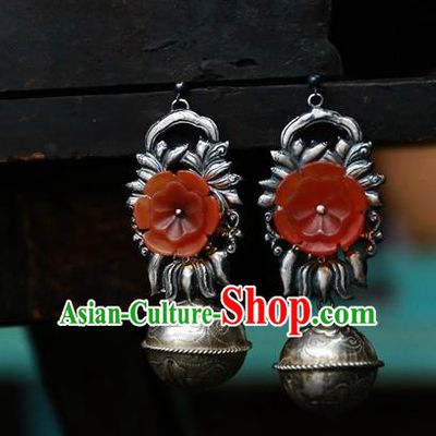 China Handmade Ear Accessories Traditional Cheongsam Red Flower Earrings National Silver Carving Ball Jewelry