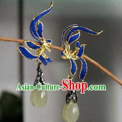 China Ancient Court Blueing Earrings Traditional National Jadeite Mangnolia Jewelry Handmade Qing Dynasty Ear Accessories