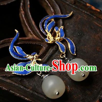 China Traditional National Jade Jewelry Handmade Qing Dynasty Ear Accessories Ancient Court Blueing Earrings