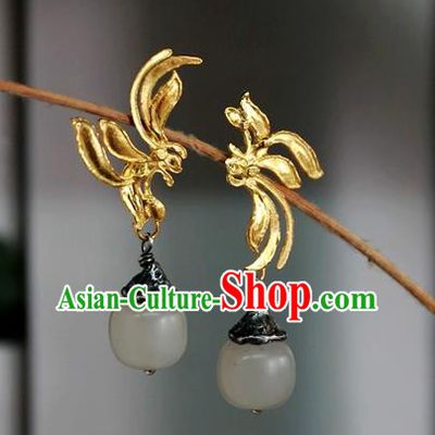 China Handmade Qing Dynasty White Jade Ear Accessories Ancient Court Golden Earrings Traditional National Jewelry