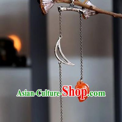 China National Cheongsam Agate Earrings Traditional Silver Jewelry Handmade Long Tassel Ear Accessories