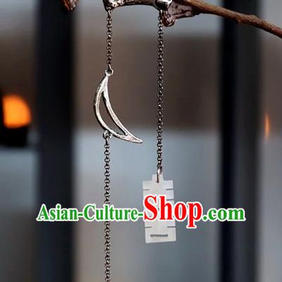 China Handmade Long Tassel Wedding Ear Accessories National Cheongsam White Jade Earrings Traditional Silver Jewelry