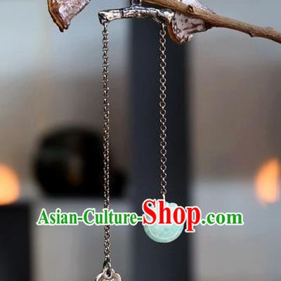 China Handmade Silver Long Tassel Ear Accessories National Cheongsam Earrings Traditional Jade Jewelry Ornaments