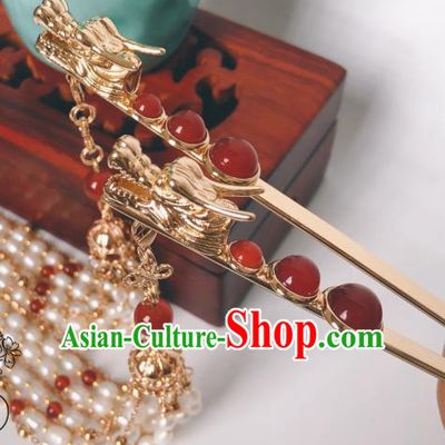 China Ming Dynasty Empress Golden Dragon Hair Stick Traditional Hanfu Hair Accessories Ancient Queen Pearls Tassel Hairpin
