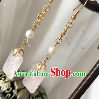 China Cheongsam Earrings Traditional Ming Dynasty Jewelry Ornaments Handmade Ancient Princess Rose Quartz Ear Accessories