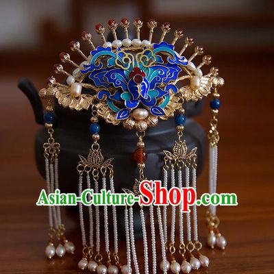 China Ming Dynasty Palace Tassel Hair Stick Traditional Hanfu Hair Accessories Ancient Empress Blueing Butterfly Hairpin