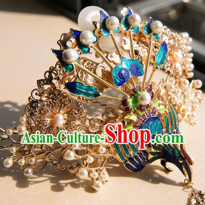 China Ming Dynasty Wedding Blueing Phoenix Hair Crown Traditional Hanfu Hair Accessories Ancient Court Hairpin