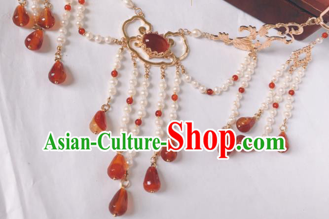 China Traditional Ancient Princess Pearls Tassel Necklace Handmade Ming Dynasty Agate Jewelry Accessories China Traditional Ancient Princess Pearls Tassel Necklace Handmade Ming Dynasty Agate Jewelry Accessories