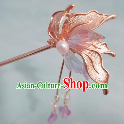 China Traditional Hanfu Hair Accessories Qing Dynasty Pink Orchid Hairpin Ancient Court Woman Tassel Hair Clip