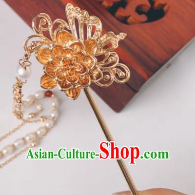 China Ming Dynasty Golden Lotus Butterfly Hair Stick Traditional Hanfu Hair Accessories Ancient Princess Tassel Hairpin