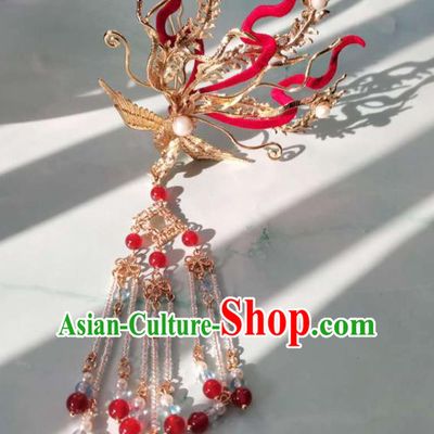 China Ming Dynasty Tassel Hairpin Ancient Court Woman Golden Phoenix Hair Crown Traditional Hanfu Hair Accessories
