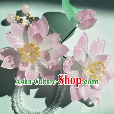 China Ming Dynasty Pink Lotus Hair Stick Traditional Hanfu Hair Accessories Ancient Princess Tassel Hairpins