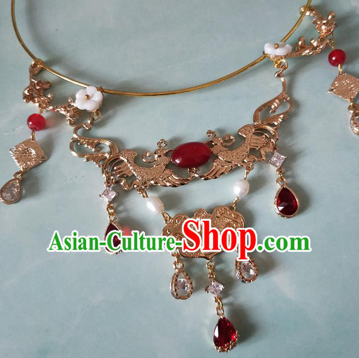 China Traditional Ancient Golden Phoenix Necklace Handmade Ming Dynasty Noble Female Jewelry Accessories
