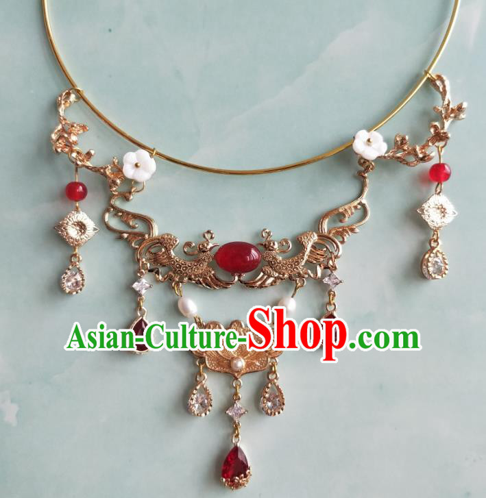 China Traditional Ancient Golden Phoenix Necklace Handmade Ming Dynasty Noble Female Jewelry Accessories