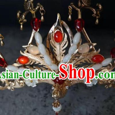 China Ming Dynasty Phoenix Hair Crown Traditional Hanfu Agate Hair Accessories Ancient Princess Hairpins