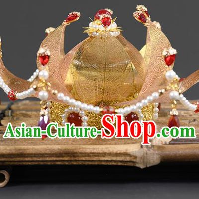 China Ancient Palace Lady Pearls Hairpin Traditional Hanfu Tang Dynasty Hair Accessories Golden Lotus Hair Crown