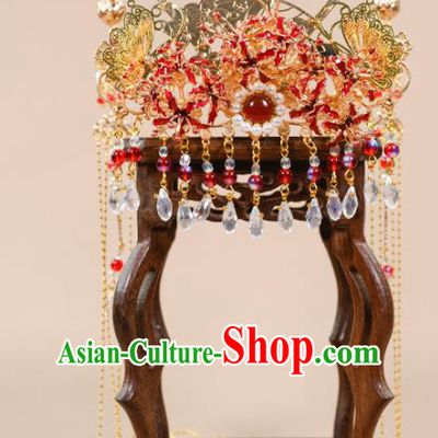 China Ancient Bride Wedding Hair Crown Traditional Hanfu Ming Dynasty Hair Accessories Tassel Hairpin