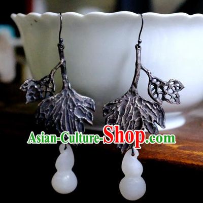 China Traditional White Jade Gourd Jewelry Ornaments National Cheongsam Earrings Handmade Silver Ear Accessories