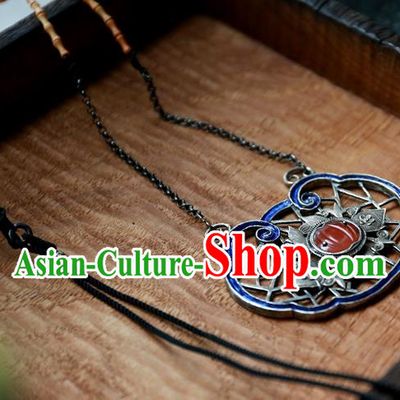 Handmade China National Jewelry Traditional Silver Carving Blueing Necklace Pendant Qing Dynasty Agate Accessories