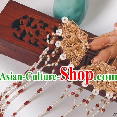 China Traditional Ancient Empress Pearls Tassel Hairpin Golden Dragon Hair Sticks Ming Dynasty Hanfu Hair Accessories