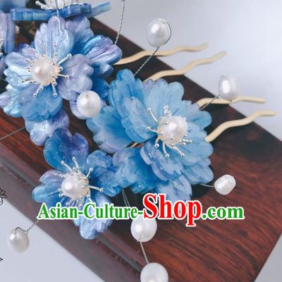 China Ancient Princess Shell Butterfly Hairpin Song Dynasty Blue Flowers Hair Comb Traditional Hanfu Court Hair Accessories