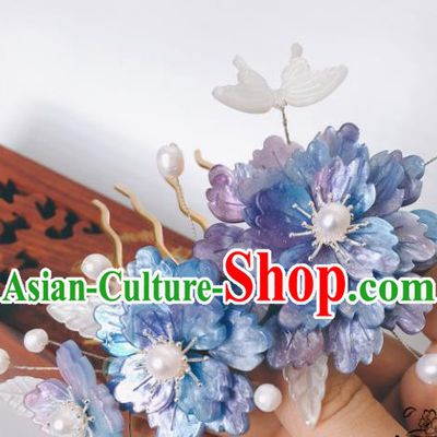 China Ancient Princess Blue Peony Hairpin Song Dynasty Hair Comb Traditional Hanfu Court Shell Butterfly Hair Accessories