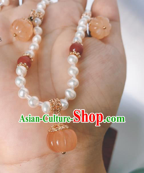 China Traditional Ancient Princess Jade Pumpkin Necklace Handmade Pearls Jewelry Accessories China Traditional Ancient Princess Jade Pumpkin Necklace Handmade Pearls Jewelry Accessories