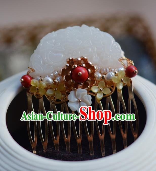 China Ancient Princess White Jade Hair Comb Traditional Court Hairpin Hanfu Hair Accessories China Ancient Princess White Jade Hair Comb Traditional Court Hairpin Hanfu Hair Accessories