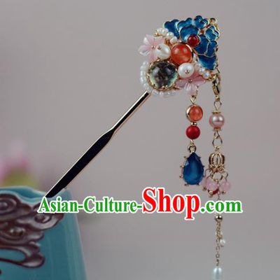 China Traditional Hair Accessories Ming Dynasty Blueing Hairpin Classical Cheongsam Tassel Hair Stick