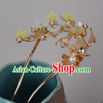 China Ming Dynasty Golden Fish Lotus Hairpin Classical Cheongsam Hair Stick Traditional Hair Accessories