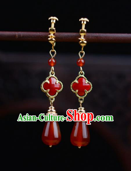 Chinese Classical Red Agate Earrings Traditional Jewelry Ornaments Handmade Clover Ear Accessories Chinese Classical Red Agate Earrings Traditional Jewelry Ornaments Handmade Clover Ear Accessories