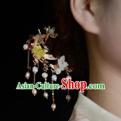 China Handmade Pearls Tassel Hairpin Traditional Hair Accessories Classical Cheongsam Golden Fish Lotus Hair Stick
