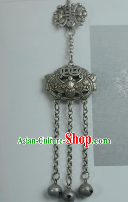 Chinese Traditional Silver Carving Bat Accessories Cheongsam Brooch Jewelry Handmade Bells Tassel Pendant