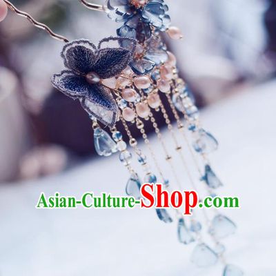 China Handmade Blue Lace Butterfly Hairpin Traditional Hair Accessories Classical Cheongsam Pearls Tassel Hair Stick