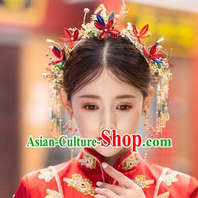 China Handmade Red Silk Flower Hairpins Tassel Hair Sticks Traditional Xiuhe Suit Bride Hair Accessories Wedding Headwear Complete Set