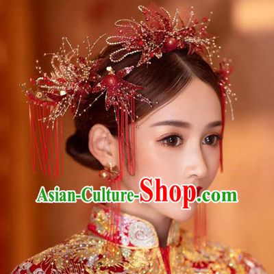 China Handmade Red Silk Hair Comb Traditional Wedding Xiuhe Suit Headwear Bride Hair Accessories Tassel Hairpins Complete Set