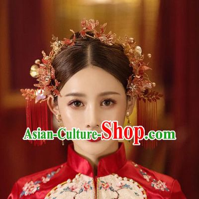 China Handmade Red Flower Hair Comb Tassel Hairpins Traditional Wedding Xiuhe Suit Headwear Bride Hair Accessories Complete Set