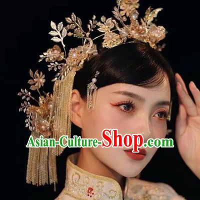 China Handmade Golden Hair Crown Tassel Hairpins Traditional Wedding Bride Xiuhe Suit Headwear Complete Set