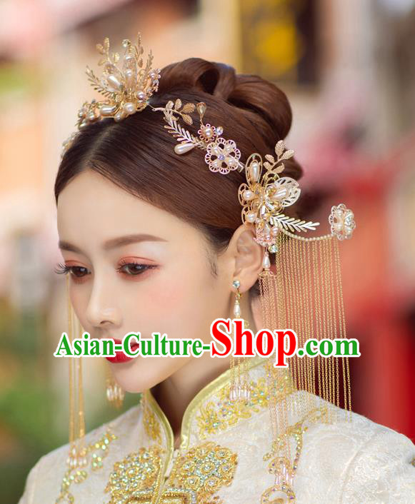 China Traditional Wedding Hairpins Headwear Handmade Xiuhe Suit Bride Hair Accessories Complete Set China Traditional Wedding Hairpins Headwear Handmade Xiuhe Suit Bride Hair Accessories Complete Set