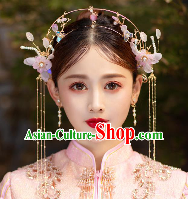 China Handmade Pink Flowers Hair Clasp Traditional Wedding Hair Accessories Bride Hair Crown