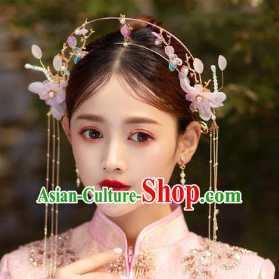 China Handmade Pink Flowers Hair Clasp Traditional Wedding Hair Accessories Bride Hair Crown