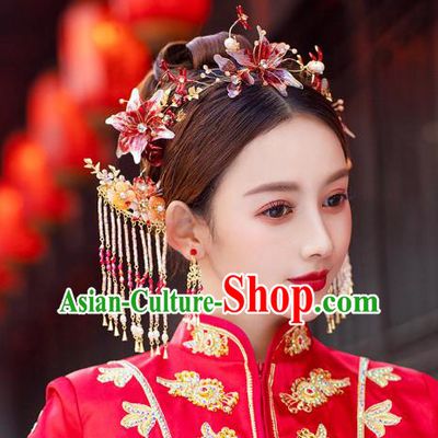 China Traditional Red Flower Hair Comb and Tassel Hairpins Wedding Bride Hair Jewelry Handmade Xiuhe Suit Hair Accessories Full Set