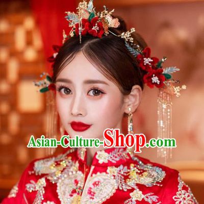 China Wedding Bride Hair Jewelry Handmade Xiuhe Suit Hair Accessories Traditional Red Velvet Flower Hair Comb and Tassel Hairpins Full Set